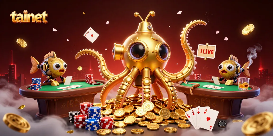 Engage with the tainet gaming adventure featuring a golden kraken submarine amidst a sea of poker chips.