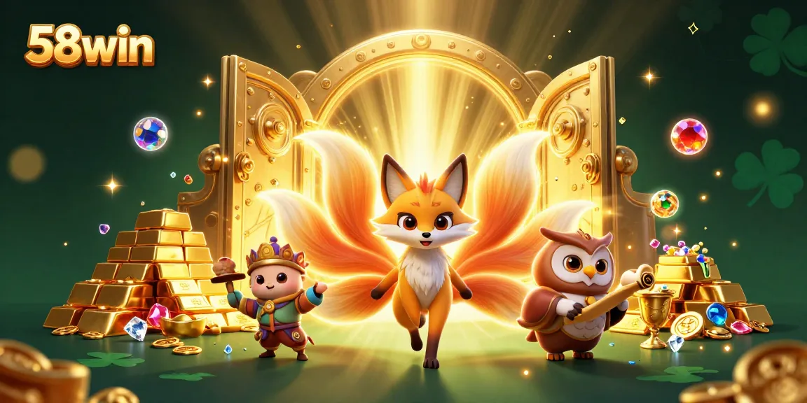 Engage with 58win's vibrant casino experience featuring a mystical fox and wise owl amidst glowing treasures.