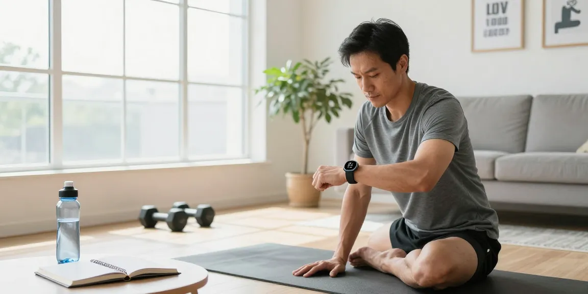 Athletic man tracking fitness metrics with a smart ring in a bright home gym.