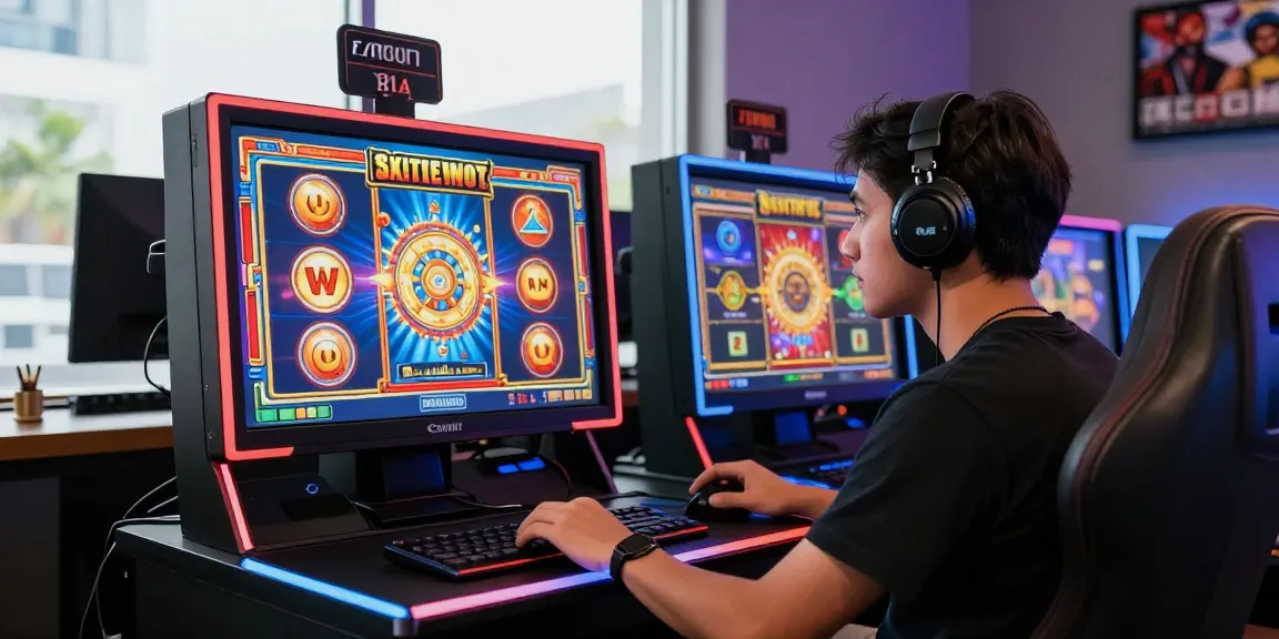Situs slot deposit 10 ribu online gaming setup with player engaged in thrilling slot games.