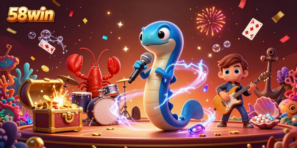 Engage with 58win in a vibrant underwater casino scene featuring a DJ electric eel and animated backing band.