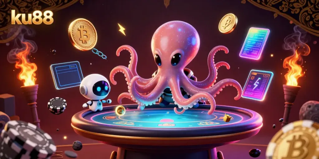Experience thrilling gameplay at ku88 with an alien octopus managing a high-stakes poker table in a vibrant cosmic scene.