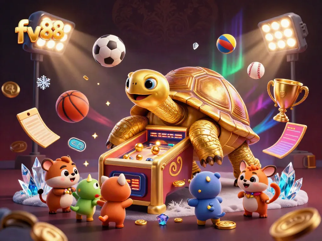 Experience thrilling games at fv88, featuring a golden tortoise pinball machine and dynamic sports elements.