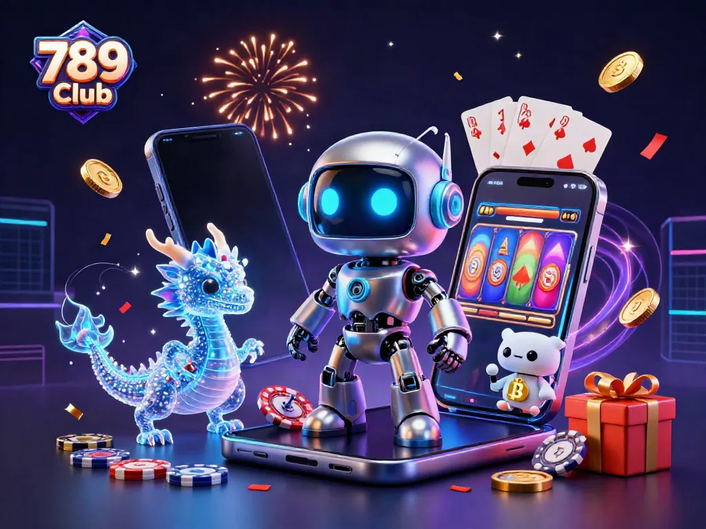 Experience the thrill of 789 Club with a 3D illustration showcasing a vibrant casino scene featuring games and characters.