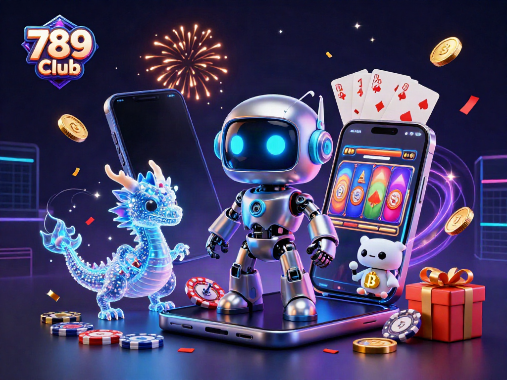 Experience the thrill of 789 Club with a 3D illustration showcasing a vibrant casino scene featuring games and characters.