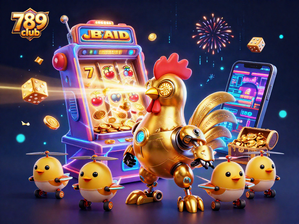 Experience thrilling jackpots at 789 club with the golden rooster robot and vibrant gaming elements.