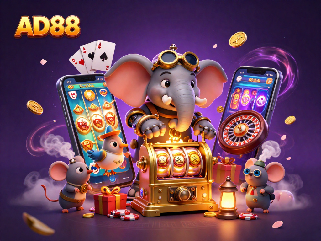 Experience the thrilling world of AD88 with a steampunk elephant managing a golden slot machine.