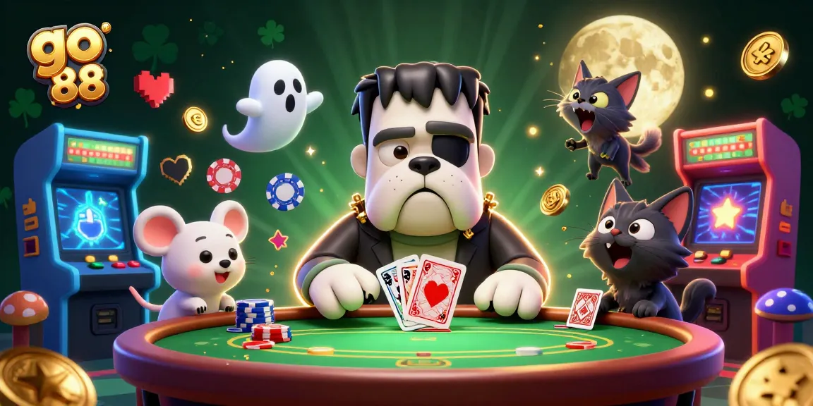 Engage in thrilling gameplay at go 88 with a spooky scene featuring a Frankenstein bulldog and ghostly chips.