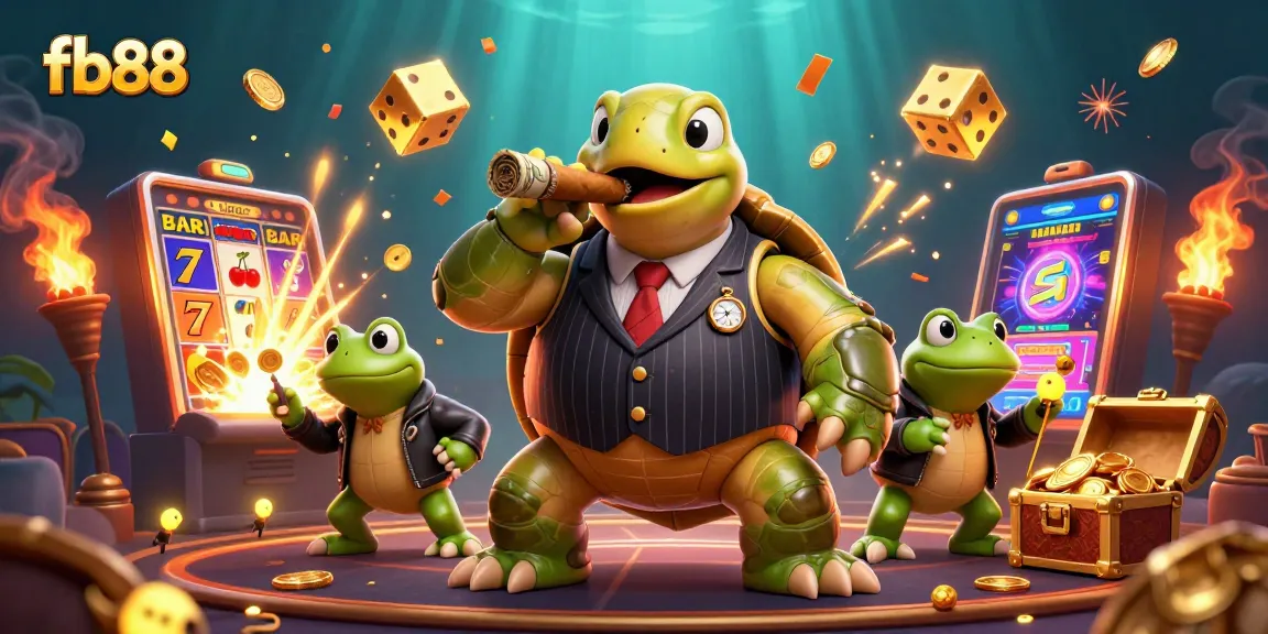 Win big at fb88 with this vibrant scene of a turtle and bullfrog enforcers enjoying casino fun.