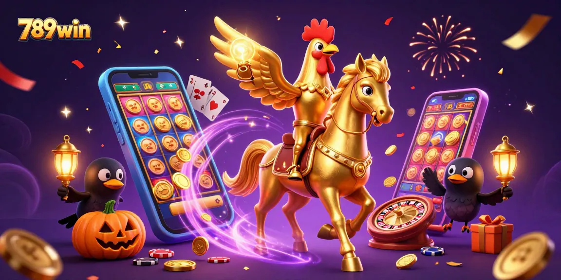Experience the thrill of 789win as the golden rooster rides through a vibrant casino scene filled with excitement.