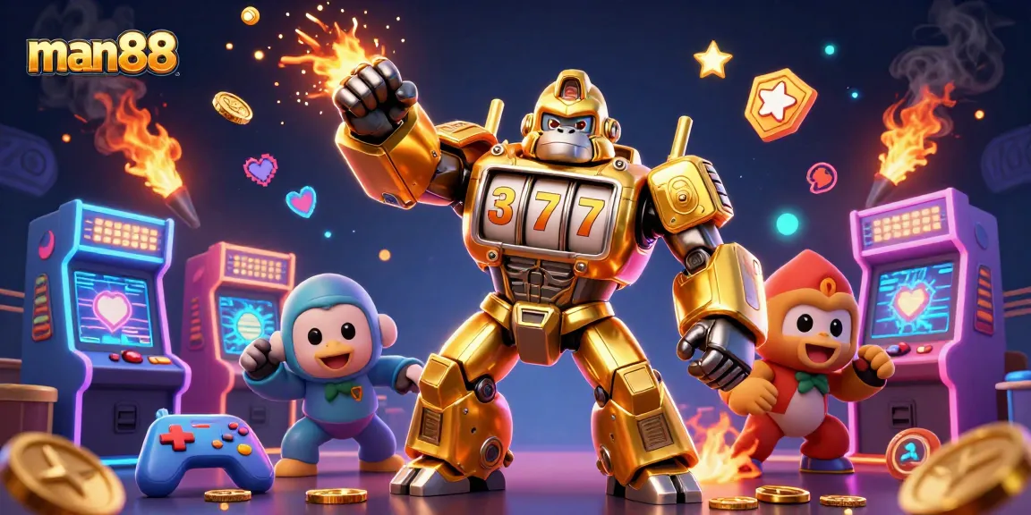 Engage with man88's exciting casino action featuring a dynamic golden gorilla mech in an energetic scene.