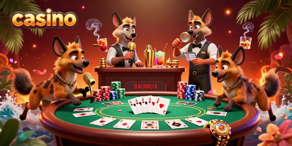 Hyenas bring laughter in a vibrant comedy casino showcasing lively poker action.