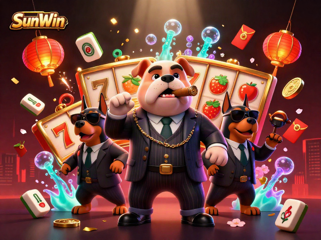 SunWin casino scene featuring a mob-boss bulldog and Doberman bodyguards amidst slot reels and festive decorations.