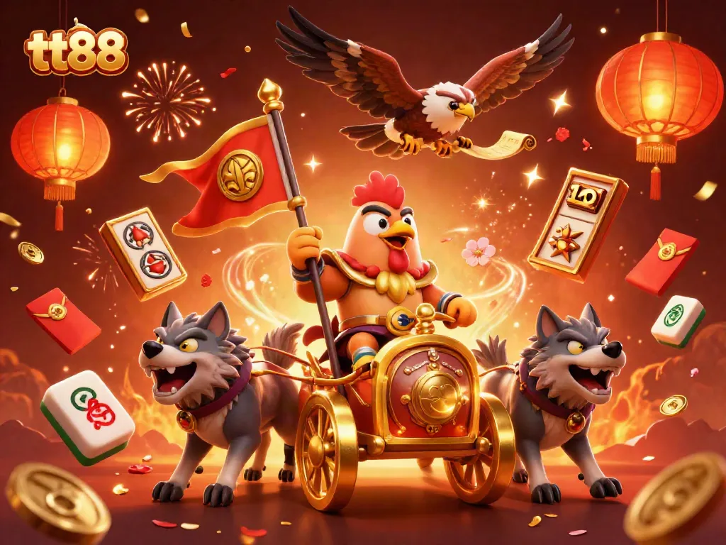 Engage in thrilling slots action at tt88 with dynamic illustrations of gaming elements and vibrant characters.