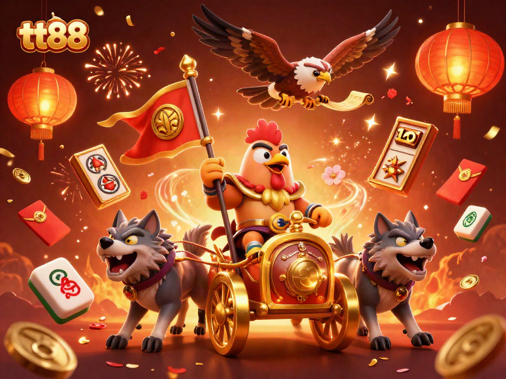 Engage in thrilling slots action at tt88 with dynamic illustrations of gaming elements and vibrant characters.