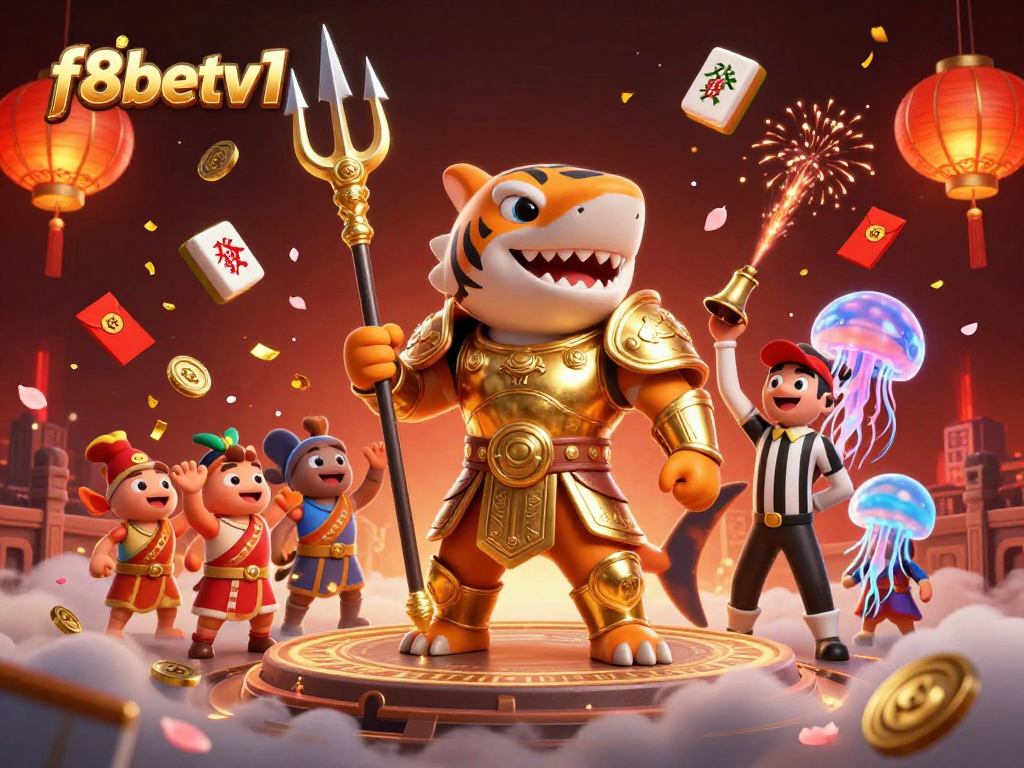 Engage with f8betv1's thrilling casino experience featuring a tiger shark in gladiator armor and dynamic elements.