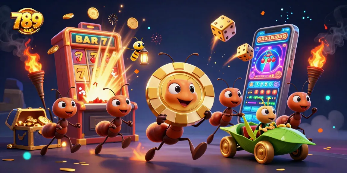 Experience excitement at 789club as ants carry a massive poker chip through a vibrant casino heist scene.