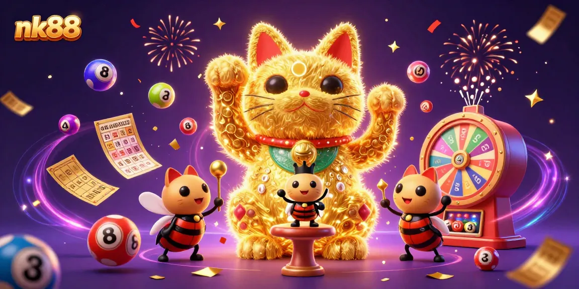 Experience thrilling gaming excitement with nk88's vibrant casino illustration featuring dynamic lottery elements.