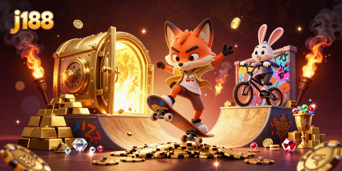 Experience the thrilling j188 action with a fox and rabbit in a vibrant casino scene.