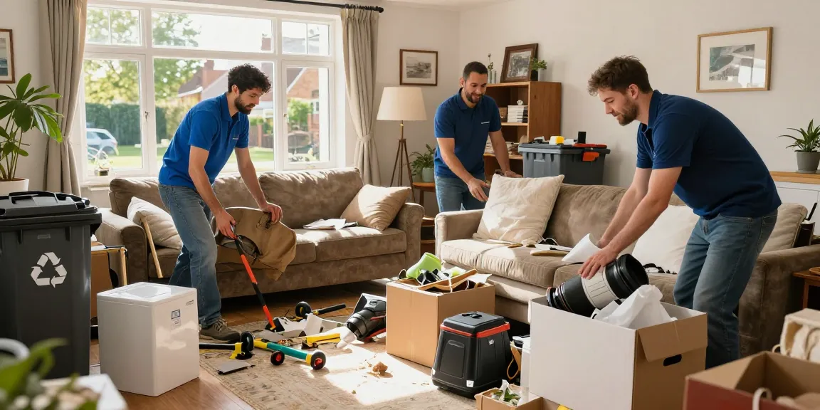 House clearance London team removing clutter from a living room, showcasing eco-friendly waste disposal.