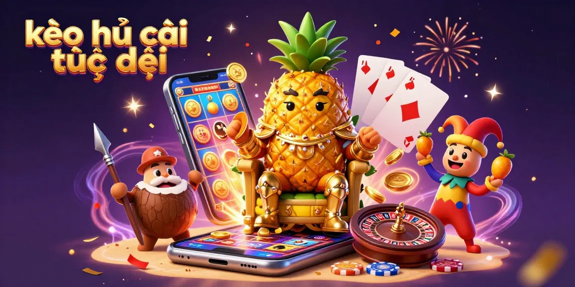 Engage in kèo nhà cái trực tiếp with a vibrant casino scene featuring a golden pineapple king and jubilant characters.
