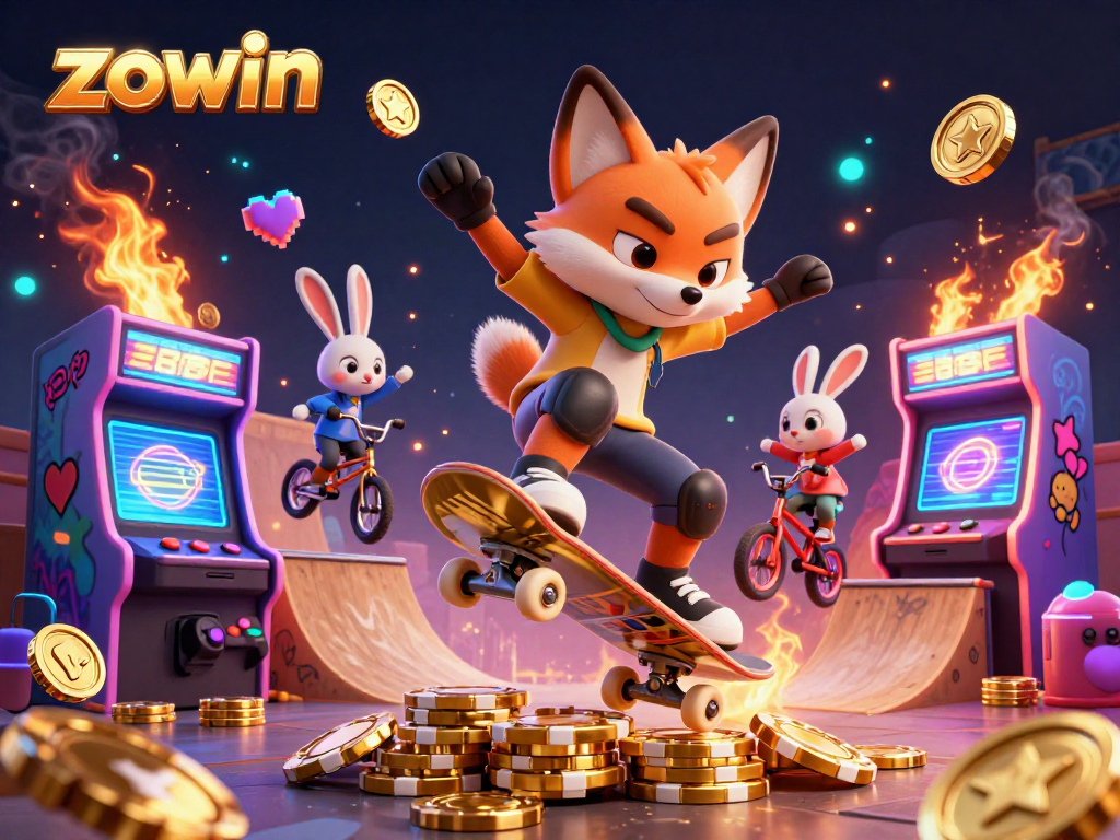 Zowin offers thrilling gameplay experiences, featuring an exhilarating scene with a skateboarder fox and BMX rabbit in a vibrant casino environment.