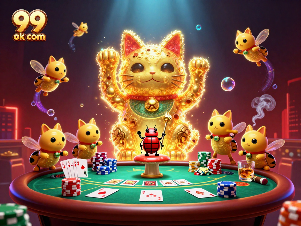 Experience the thrill of 99 ok com with vibrant casino symbols and characters in an intricate scene.