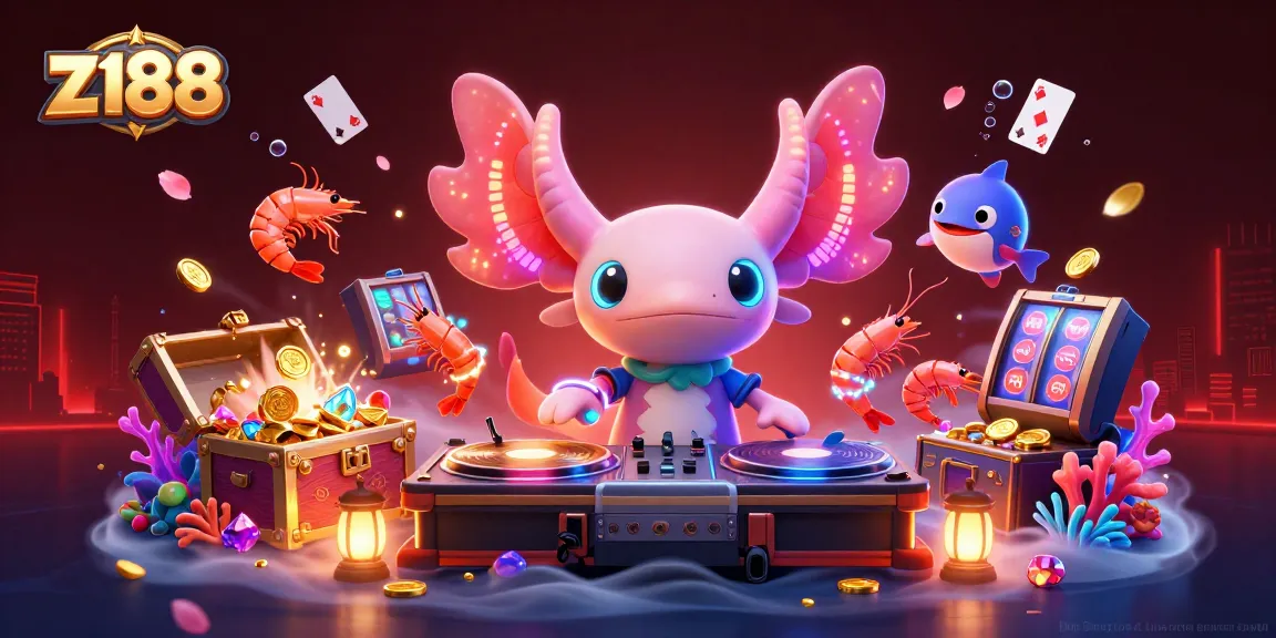 Engage with z188's animated casino scene featuring a neon axolotl DJ and playful gaming elements.