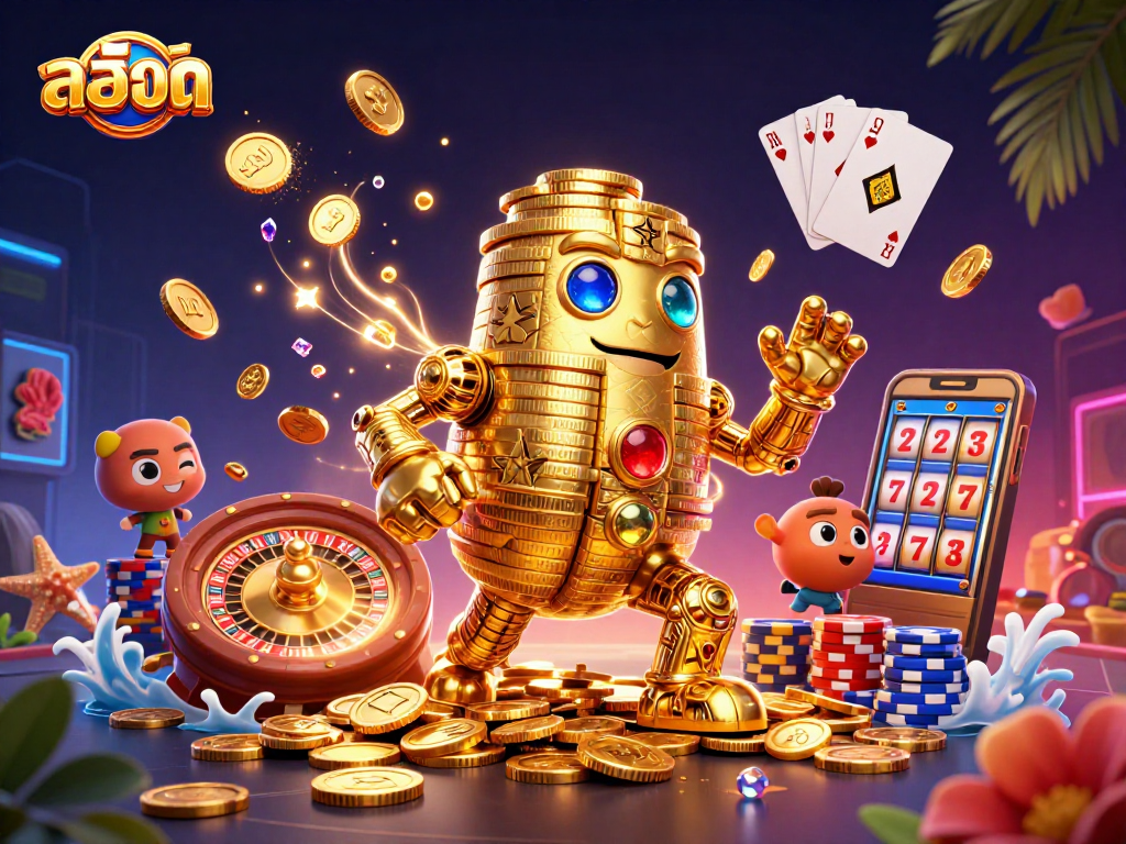 Play exciting สล็อต games with a golden golem amidst cascading coins and vibrant casino elements.