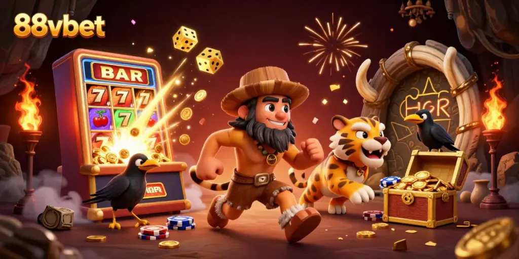 Experience thrilling wins at 88vbet with a lively prehistoric casino scene featuring exciting gaming elements.