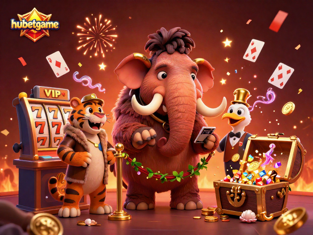 Join the fun at hubetgame with a lively casino scene featuring unique characters and vibrant elements.
