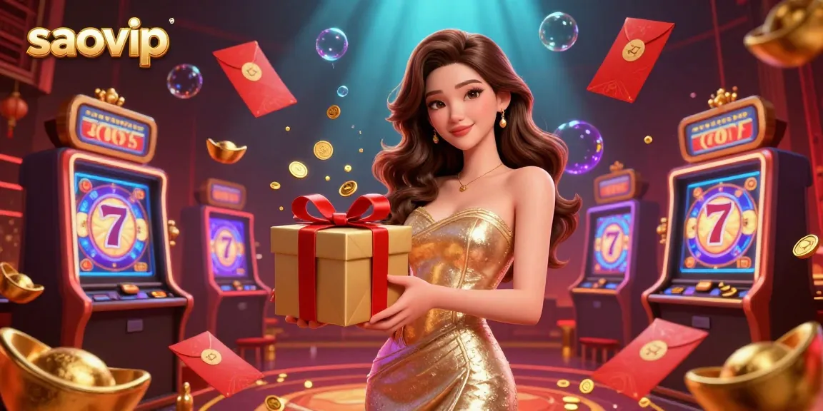 Engage with saovip's vibrant casino scene featuring a welcoming Asian woman amidst slot machines and coins.