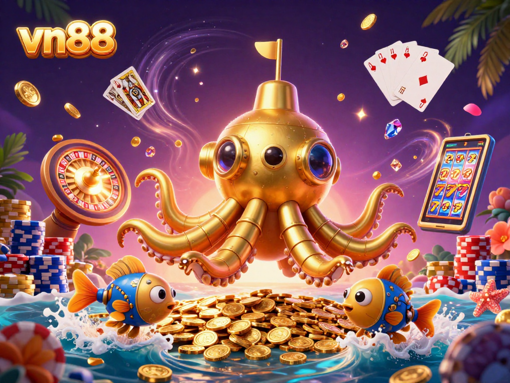 Experience thrilling gameplay with the vn88 kraken submarine, surrounded by radiant coins and classic casino elements.
