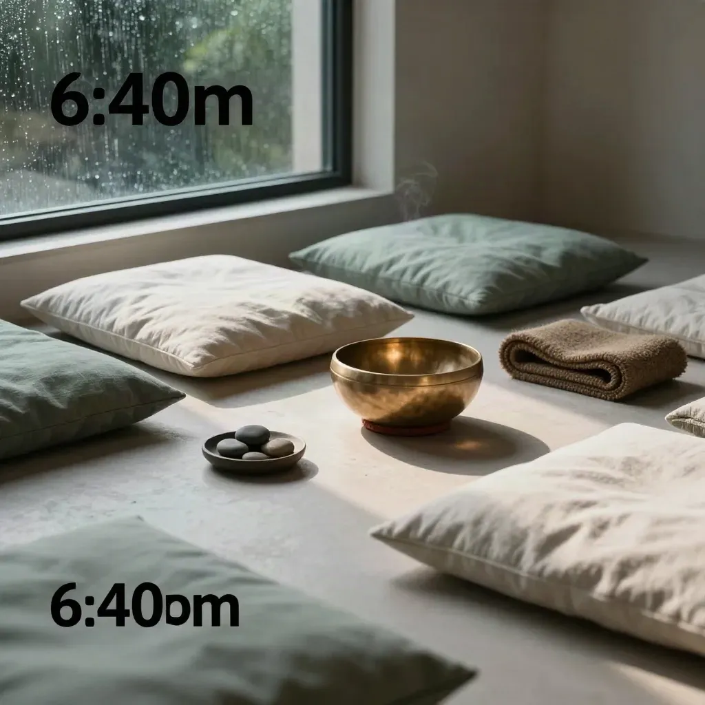 Meditation studio corner with cushions, brass singing bowl, rolled mat and rain-lit haze.