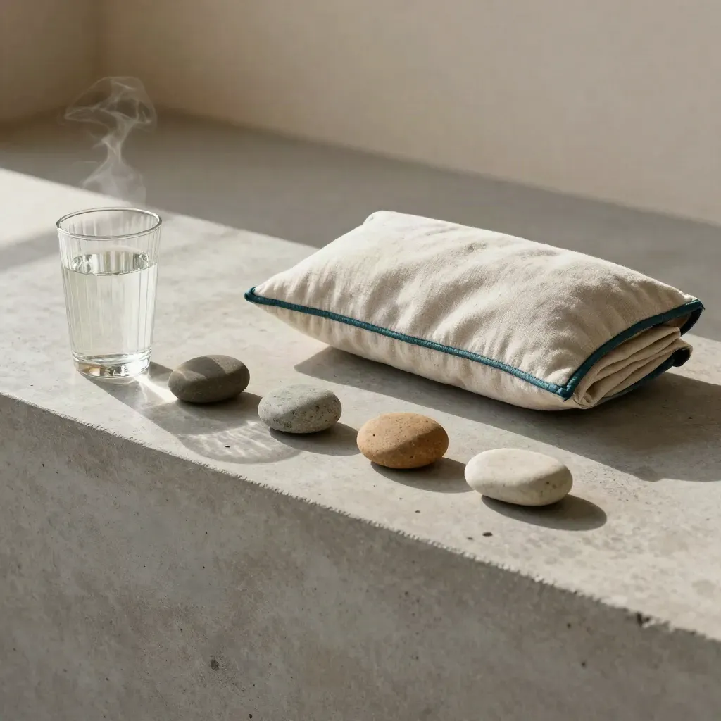 Breathwork tools on a concrete ledge with water, stones, and a linen eye pillow in warm afternoon light