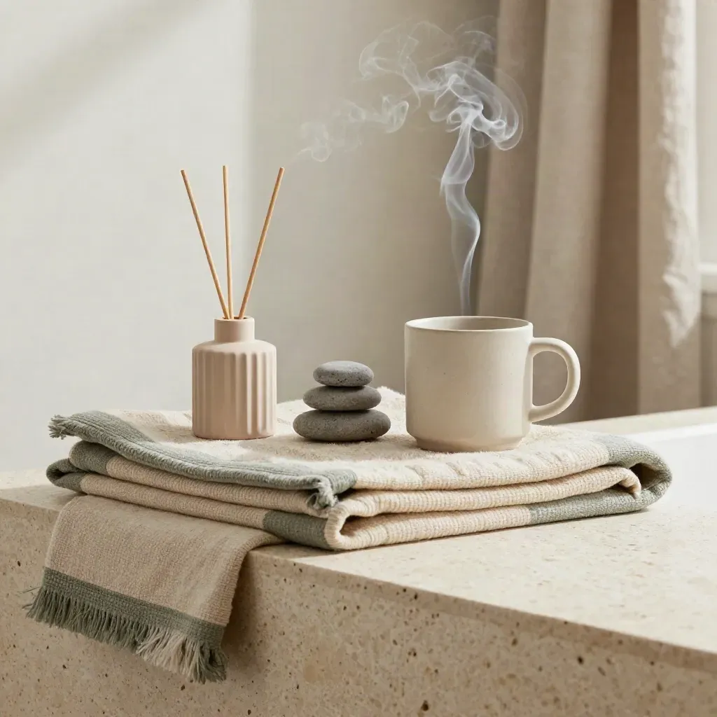 Diffuser smoke over a folded blanket, ceramic mug and stacked stones on travertine.