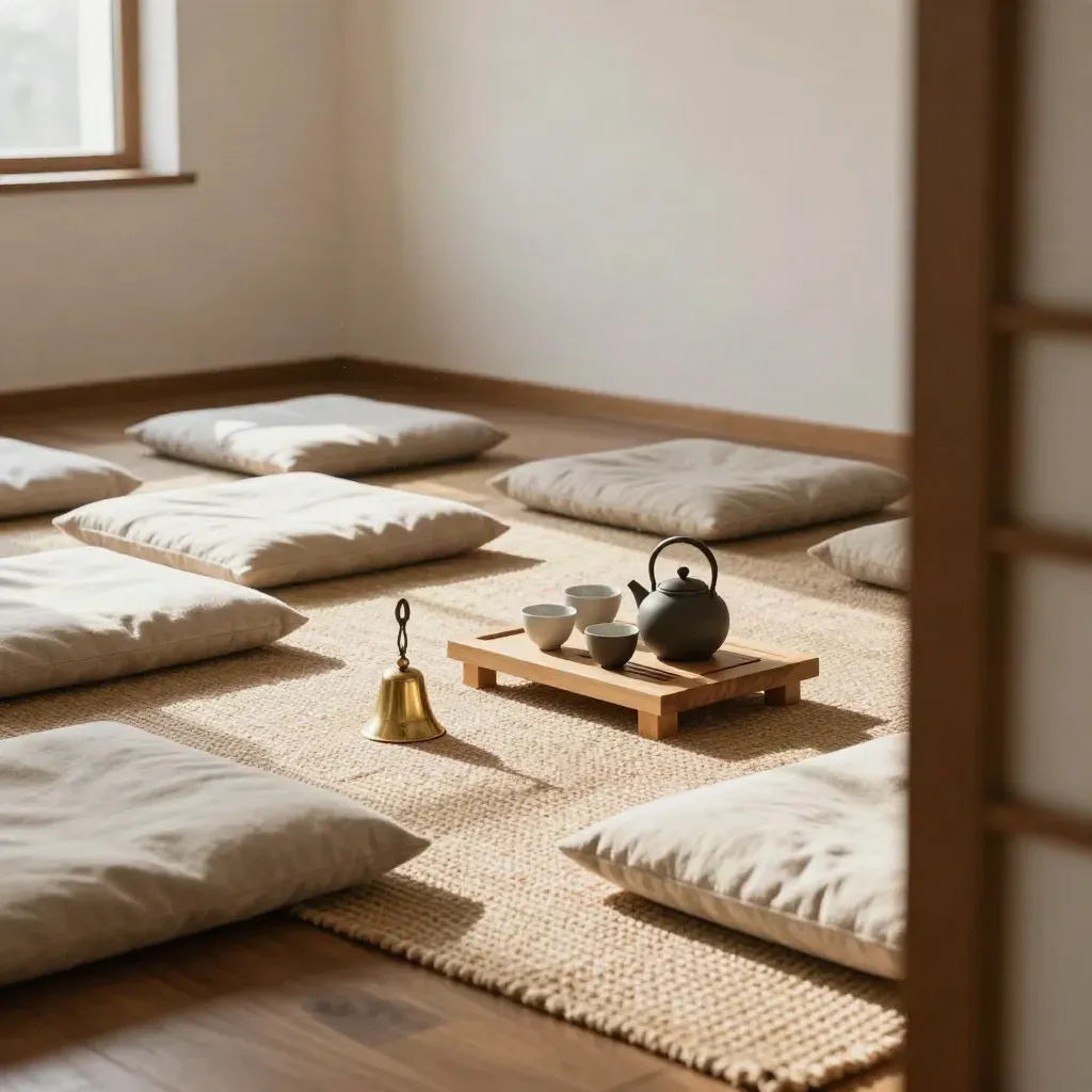 Prepared mindfulness workshop room with cushions, jute mat, brass bell and tea tray in soft window light.