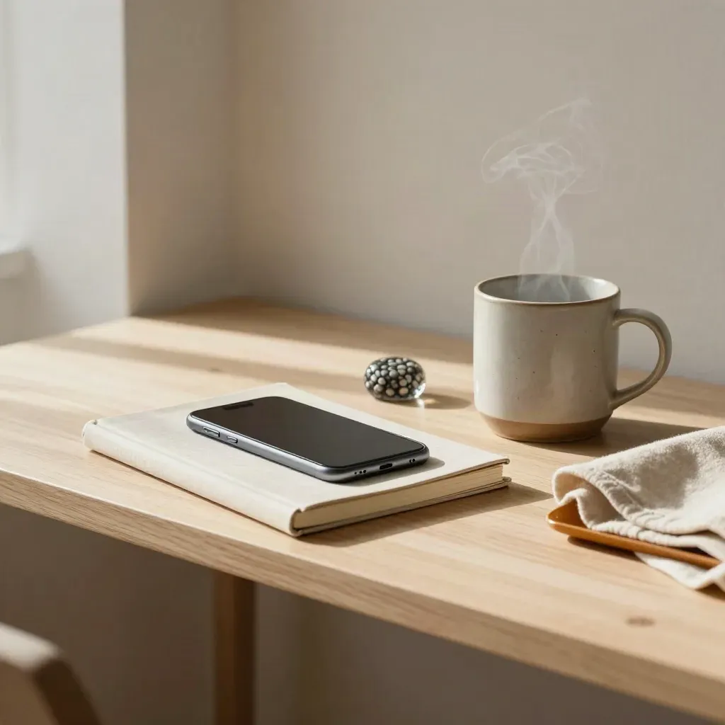 Wellbeing shelf with a closed notebook, face-down phone, pebbled weight and steaming mug.