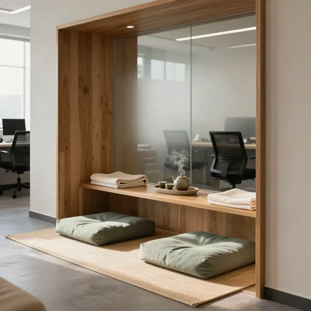 Quiet office alcove with meditation cushions, folded blankets and tea tray in late-afternoon light.