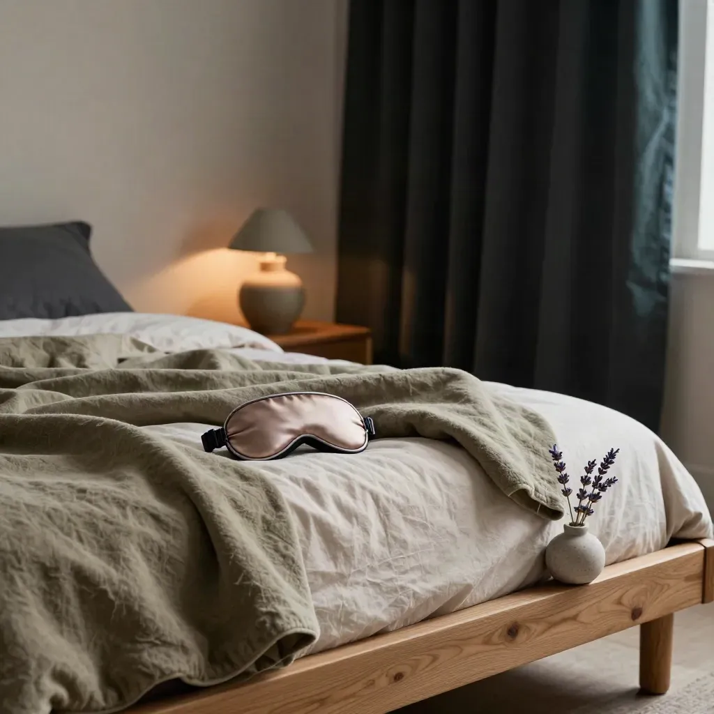 Dim bedside sleep-support scene with weighted blanket, sleep mask, lamp glow and lavender sprig.