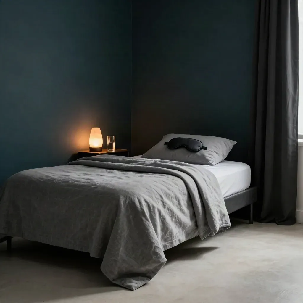 Dim sleep-support room with weighted blanket, sleep mask and salt lamp glow in deep teal tones