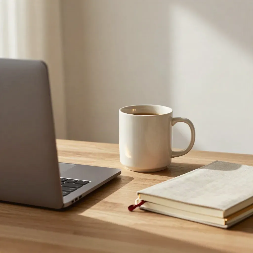 Closed laptop, ceramic mug, paperweight and notebook stack on a sunlit home office desk.