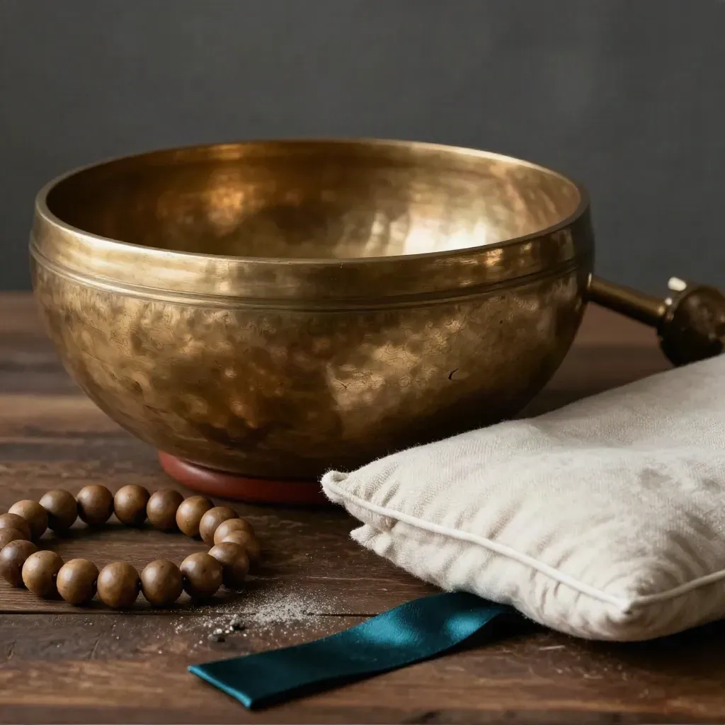 Brass singing bowl, mala beads, and linen eye pillow on dark oak in incense haze