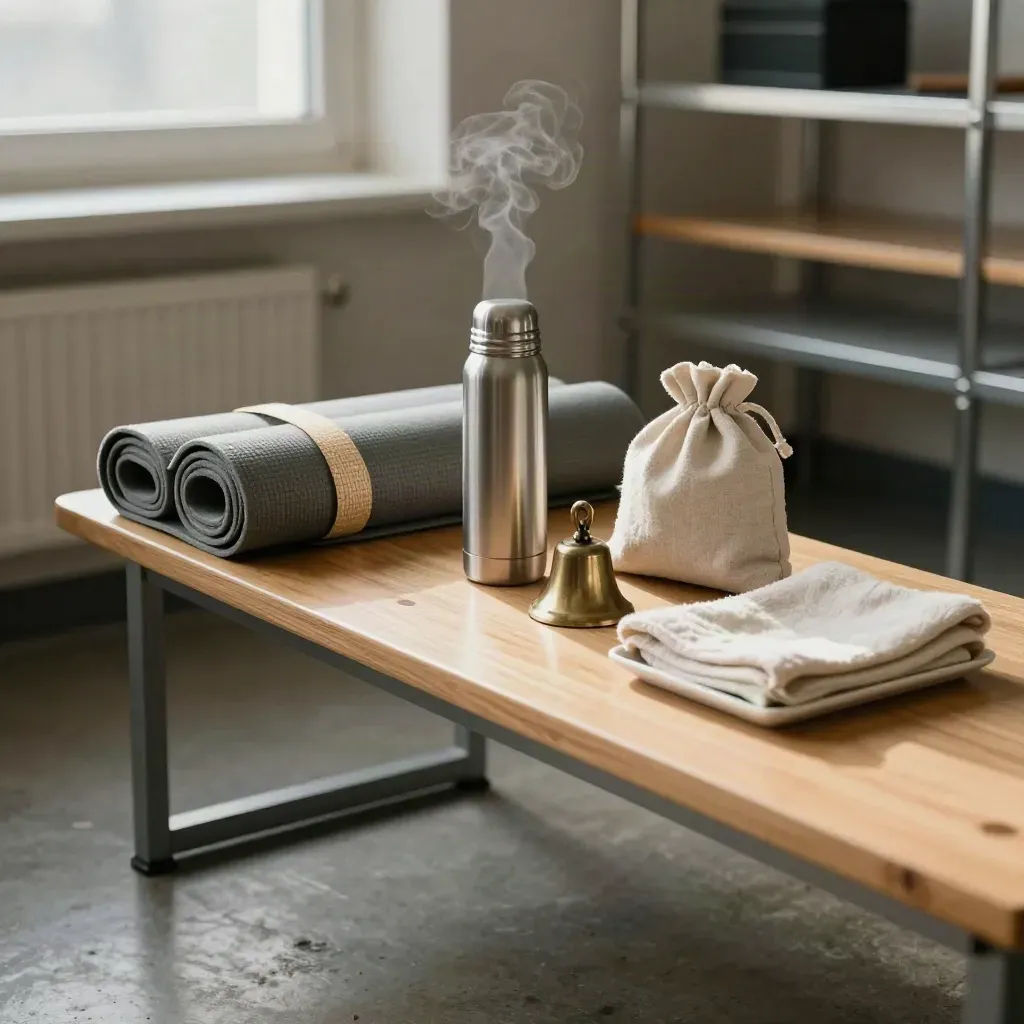Staff-room wellbeing kit on a bench with folded mats, steaming thermos, bell and linen pouch