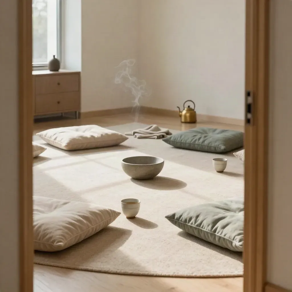Calm workshop circle with cushions, tea cups, stone bowl and lingering smoke in a quiet room.