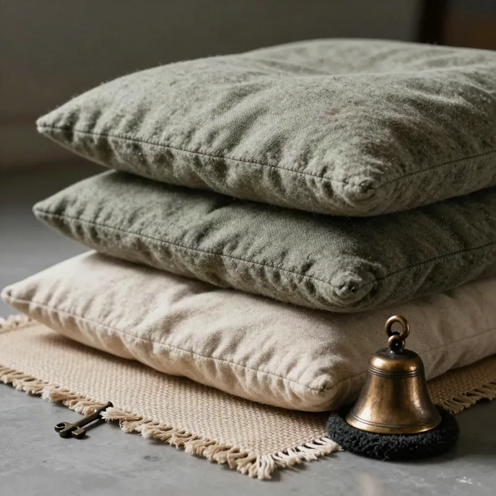 Stacked meditation cushions, woven fringe and a bronze bell on wool in raking light.