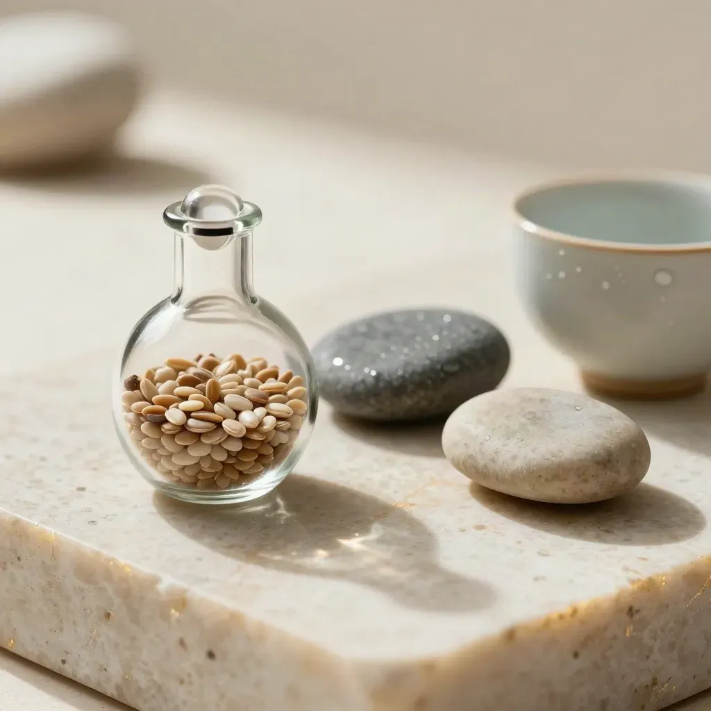 Macro of a glass timer, breathing stones, and ceramic water cup on pale stone with condensation