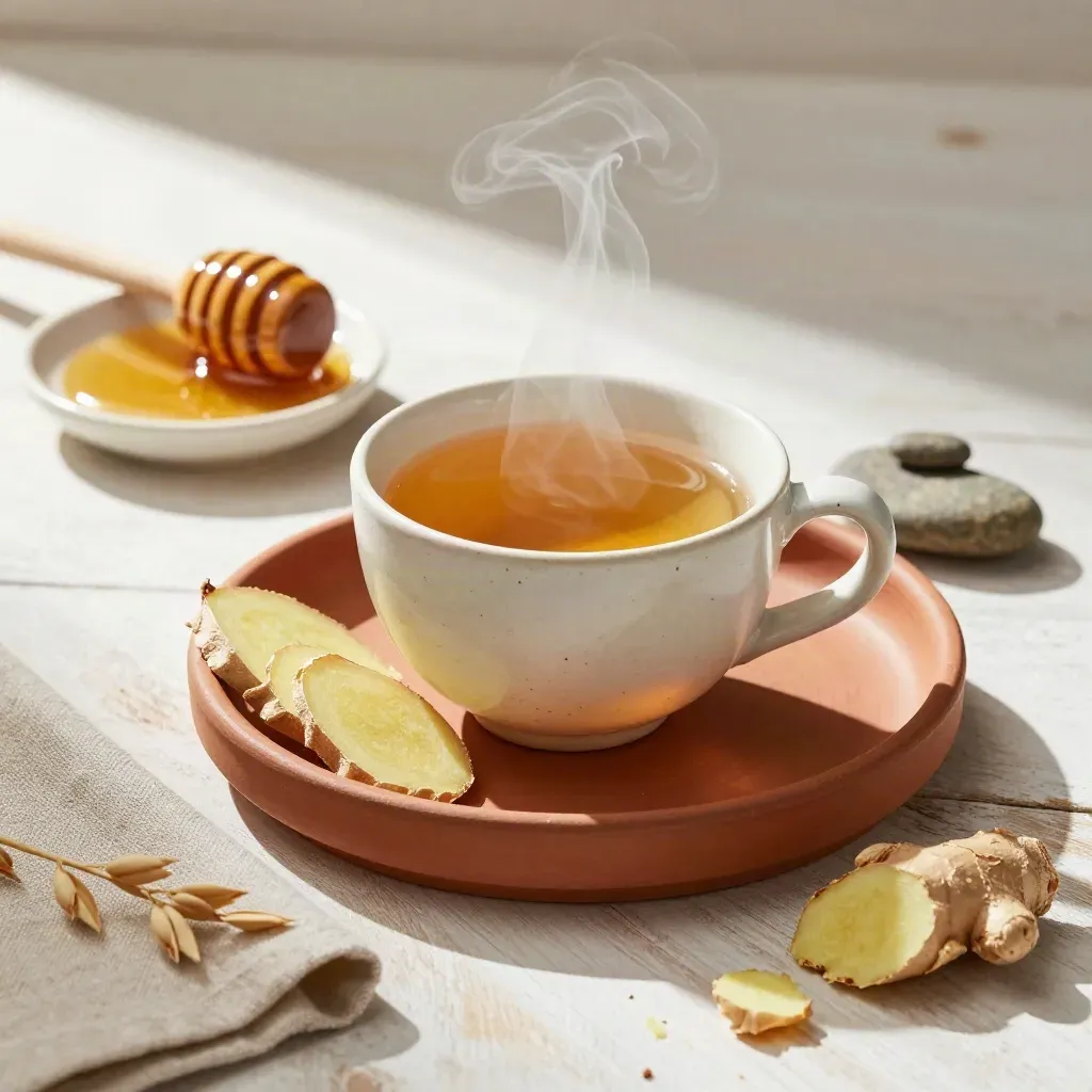 Steaming herbal tea with ginger, honey dipper, ceramic cup and pebble dish on a rustic tray