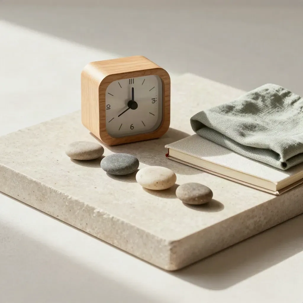 Wooden timer, stones and linen notebook on a stone tray with soft side light.