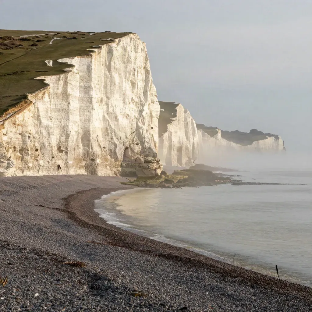 White chalk cliffs above a misty pebble shoreline at dawn on the South East coast.